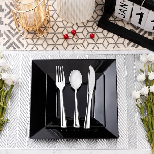 Black Square Plastic Plates Set 100 Pack - 9.5" & 6.5" Disposable Dinnerware