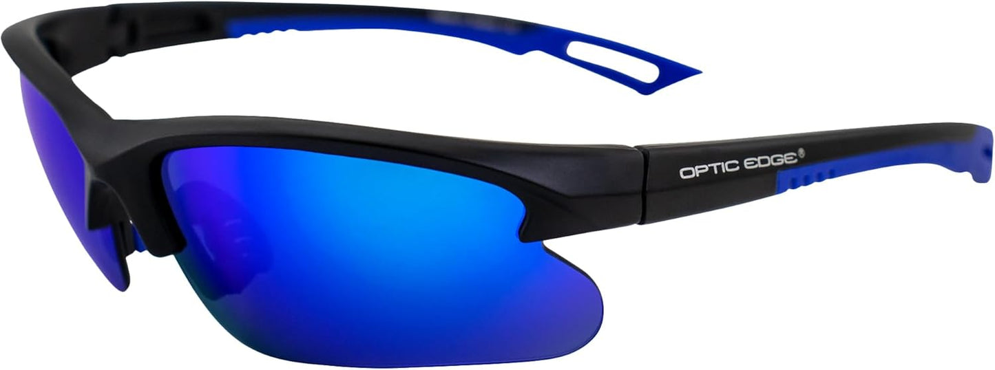 Fireball Wraparound Sports & Motorcycle Sunglasses for Men or Women Semi-Rimless Matte Black Frame w/Dielectric Blue Mirror Lens