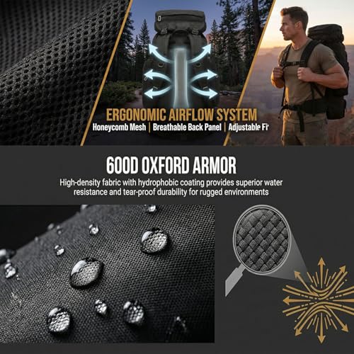 70L Waterproof Hiking Backpack for Men - Black, Camping & Outdoor Gear