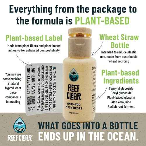 Anti-fog Mask Drops actively supporting Plastic Clean-up. Plant-sourced, Reef-Safe formula in a bio-plastic bottle, by a small business making thoughtful choices for snorkeling, scuba diving, and more