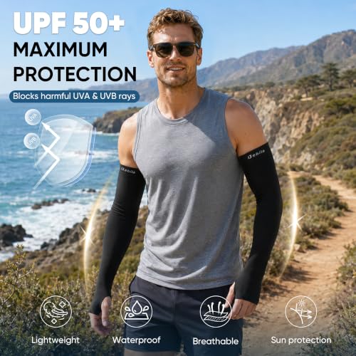 X-Large Arm Sleeves with Thumb Hole for Sun Protection UV Cooling Outdoor - Black