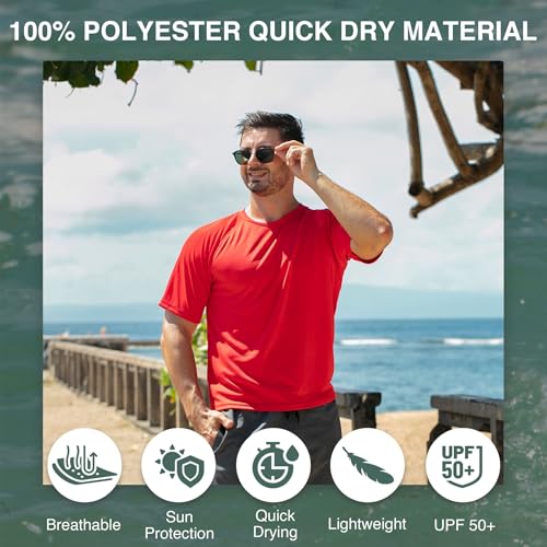 Men's UPF 50+ Short Sleeve Swim Shirt - Red, Medium Rash Guard
