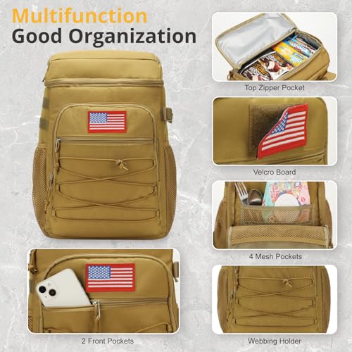 Brown 25L Insulated Cooler Backpack Water-Resistant Camping Bag with Multiple Pockets
