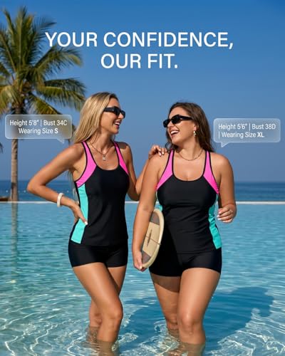 Women's X-Large Tankini Swimsuit with Tummy Control and Boyshorts - Black & Pink