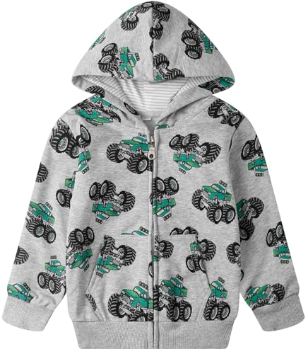 A-Cute Monster Truck Gray Hooded Dinosaur Hoodie Jacket for Toddler Boys 1-7 Years