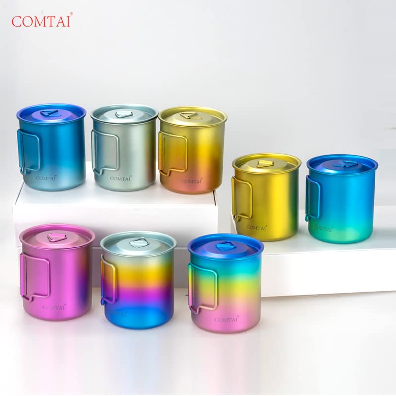 COMTAI Titanium Camping Pot Mug 15oz (420ml) with Lid and Foldable Handle – Ultralight Camping Cup for Hiking, Backpacking, Outdoor Cooking, Purple