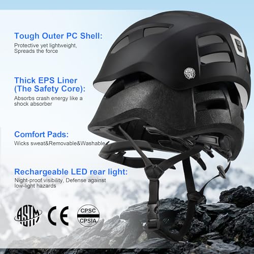 Adult Bike Helmet with Rear Light, Matte Black, L Size 22-23.6in