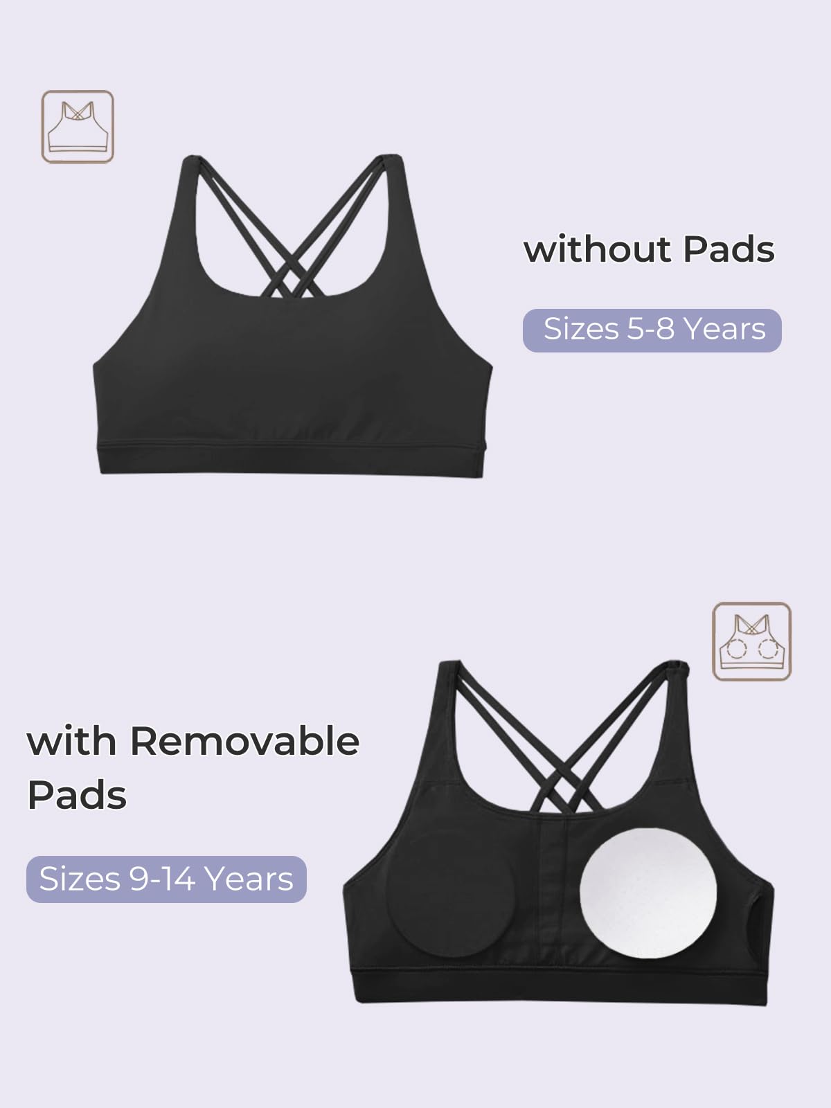Haloumoning Girls Training Bra Kids Strappy Scoop Neck Bras Yoga Sports Comfort Dance Crop Top 5-14 Years Black