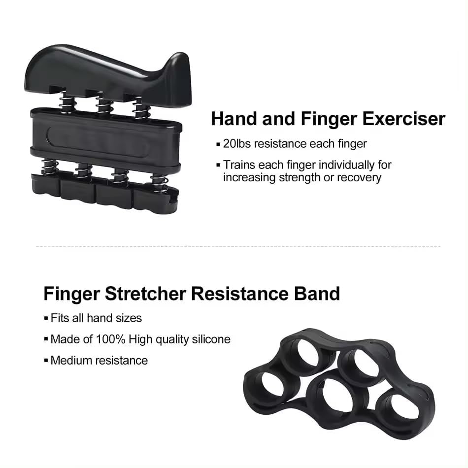 Hand Grip Strengthener Exercise Kit with 5 Pieces, Hand Exerciser for Men Women, Power Hand Grip Trainer, Finger Stretcher, Grip Ring, Stress Relief Ball, for Grip Strength Training (Black)