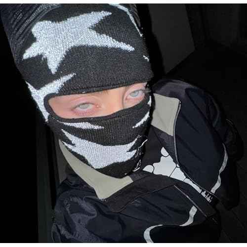 Punk Balaclava Ski Mask Y2K Star Full Face Mask Singer Merch Knitted Face Cover for Women Men Winter Outdoor Sports Black