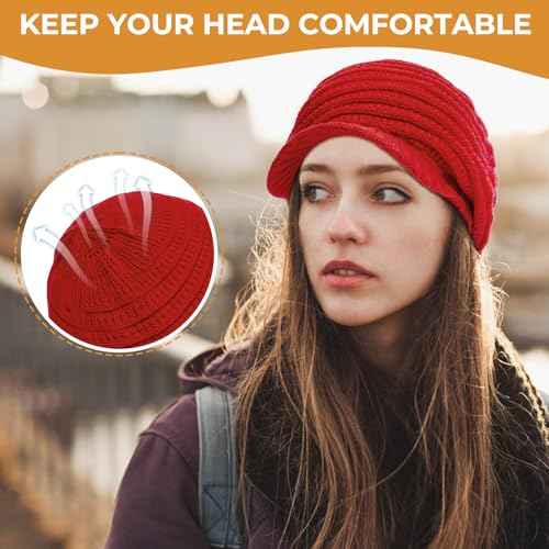 Womens Satin Lined Beanie Slouchy Winter Knit Hat Newsboy Hat with Brim Silk Lined Beanie