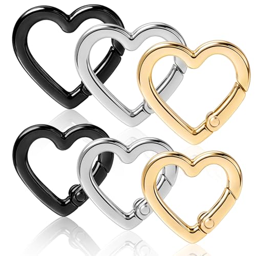 6 Pcs Heart Carabiner, Small Carabiner Keychain Clip, Cute Heart Shaped Carabiner, Key Ring for Camping Accessories, Backpack Water Bottle Zinc Alloy Accessory (Gold, Silver, Black)