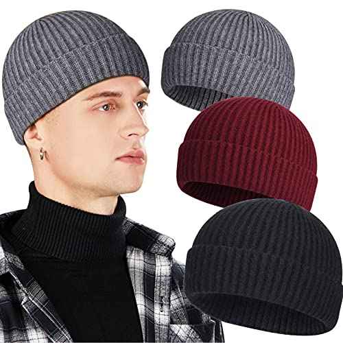 3 Pack Wool Fisherman Beanies for Men, Short Knit Watch Cap Cuffed Trawler Hats