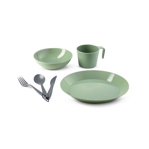 GSI Outdoors Cascadian 1 Person Table Set I 6-Piece Camping, Backpacking Mess Kit, Plastic BPA Free, Plate, Bowl, Mug, Cup & Cutlery Set - Sage