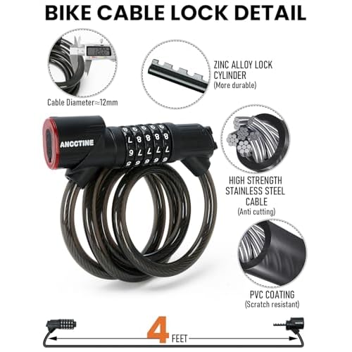 Combination Bike Lock Cable - with LED Bike Tail Light and Keypad Light, IPX6 Waterproof Heavy Duty Strong Anti-Theft 5 Digit Keyless Cable Lock, for Kids Adult Bike Accessories (4FT, Black-0.5 inch)