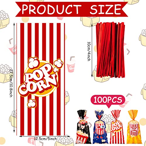 Popcorn Gift Bags 100 Pack with Red & White Stripes and Twist Ties