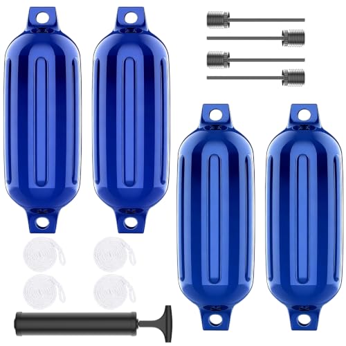 Navy Blue Boat Fenders 4-Pack with Ropes - 6.5x23 Inch Ribbed Twin Eye Marine Bumpers