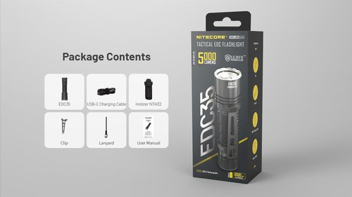 EdisonBright Nitecore EDC35 5000 Lumen LED USB-C Rechargeable Powerful Flood/spot Beam Tactical Flashlight, Battery, Paracord Lanyard Charging Adapter