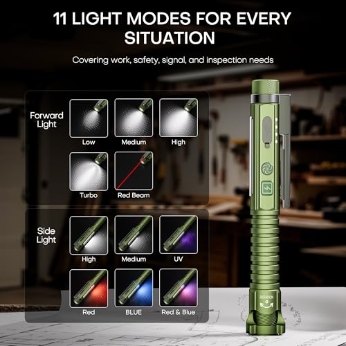 Green Rechargeable EDC Flashlight with Magnetic Clip & 11 Modes - 800 Lumens