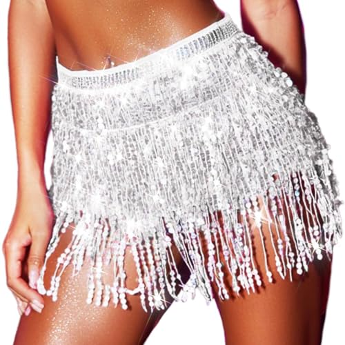 REETAN Sequin Tassel Belly Dance Skirt - Silver Short Fringe Wrap for Women