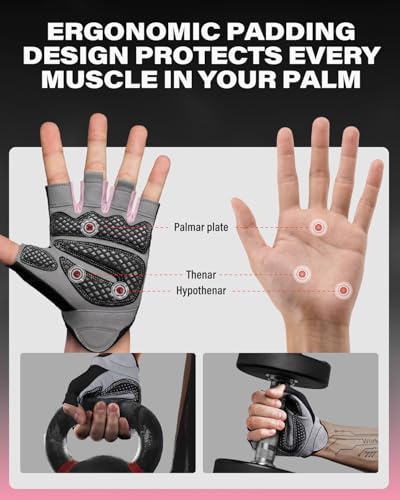 VINSGUIR Workout Gym Gloves with Grip Foam Padding - Black Pink, Medium