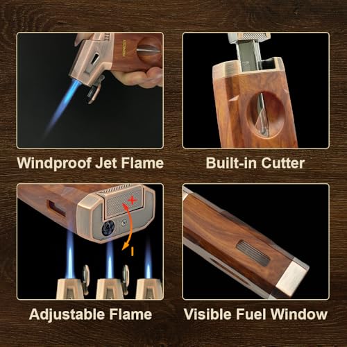 Torch Lighter Built-in V Cutter,Refillable Butane Torch Lighter,Men's Gift,All-in-one Windproof Adjustable Jet Flame for Candle,Camping(Butane Gas Not Include)