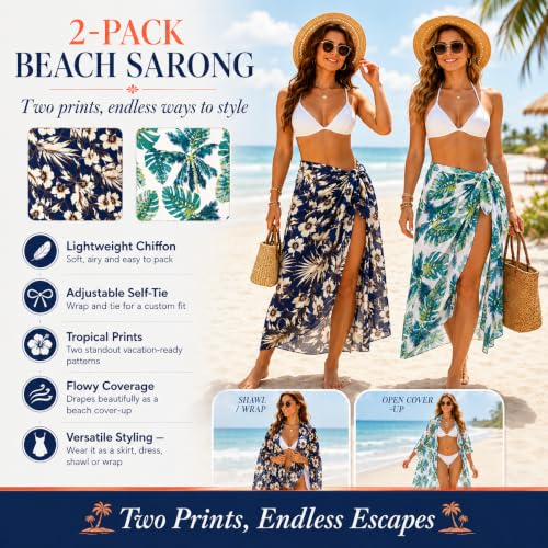 Women Sheer Beach Sarong Wrap - Blue Flowers & Coconut Tree, Long Chiffon Coverup