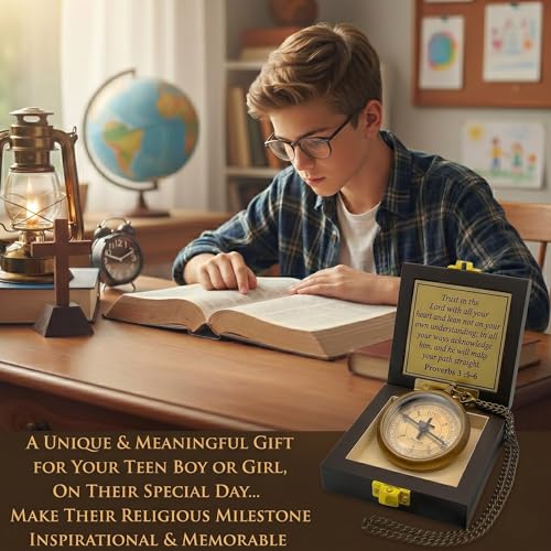 Proverbs 3:5-6 Christian Compass Gift for Baptism Confirmation & Graduation - Wooden Box & Greeting Card Included
