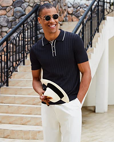 Men's Vintage Knitted Polo Shirt Short Sleeve Solid Collared Golf Top - Large Black