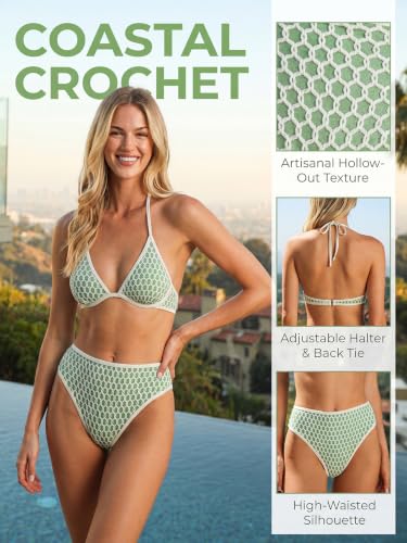 Women's Two Piece Bikini Set - High Waisted Swimsuit with Underwire - Green/Beige Large