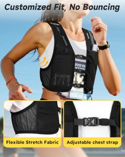 Running Vest for Women Men with 500ML Soft Flask & Phone Holder - Black, Large