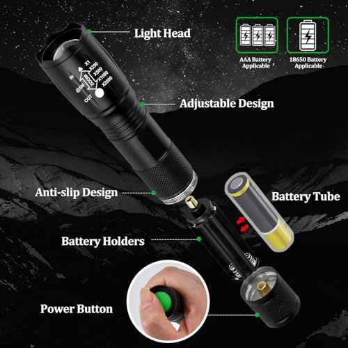 Black Zoomable LED Tactical Flashlight 5 Modes Bright Torch 2 Pack