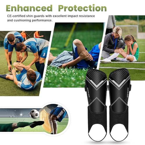 Soccer Shin Guards for Kids & Adults with Ankle Protection - Black, Large