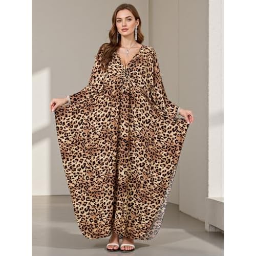 Women's Plus Size Animal Print V-Neck Batwing Kaftan Beach Dress Bathing Suit Cover-Up Loungewear