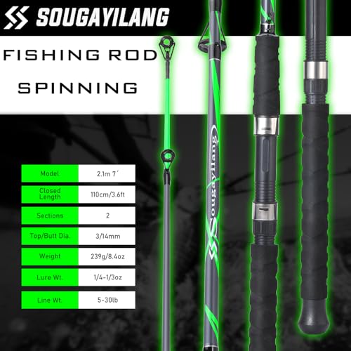 Sougayilang 7ft Spinning Fishing Rod 2-Pack - Carbon & Glass Composite, Stainless Steel Guides, Non-Slip EVA Handle, Versatile for Freshwater & Saltwater
