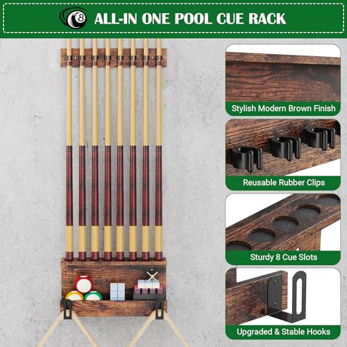 Wall Mount Pool Cue Rack - Farmhouse Brown - Holds 6 Cues, Accessories