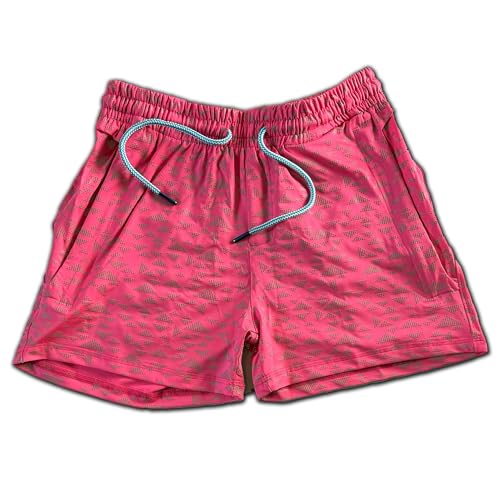Mens Party Booty 4in Inseam Shorts, Zippered Pockets, Rave & Festival Shorts LGBTQ, Gay Weekender - UV Pink Neon Reflective Triangles, XL