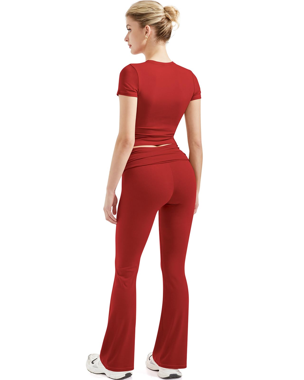 SUUKSESS Women 2 Piece Lounge Sets Going Out Y2K Foldover Pants Crew Neck Fitted Shirts Matching Pajamas (Red, S)