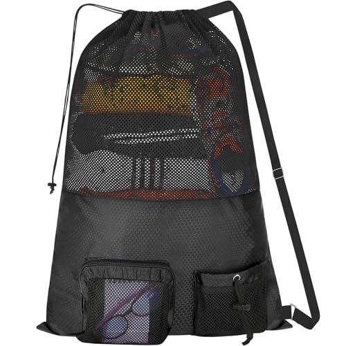 Large Waterproof Mesh Gym & Beach Bag - Black, Sports & Travel Backpack
