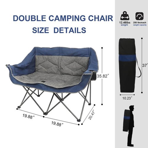 LANMOUNTAIN Folding Loveseat Camping Chair,Portable Double Chair w/Cup Holder,Wine Glass Holder,Carry Bag Heavy Duty Lawn Chair for 2 Adults,Perfect for Camp,Hiking,Picnics and Beach Trips,Blue