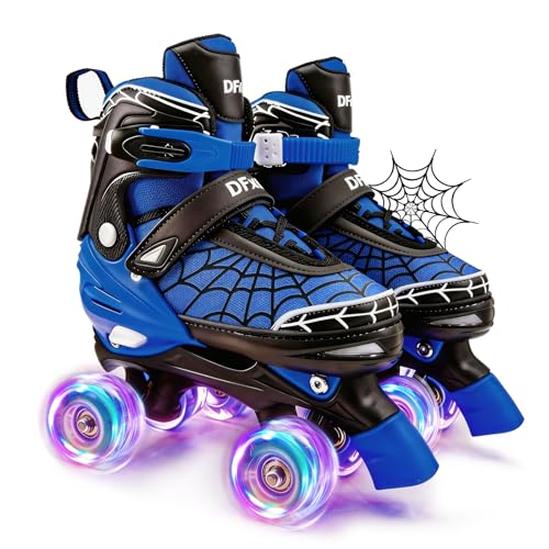 Kids Roller Skates for Ages 3-12 with Adjustable Sizes & Spider Web Design - Blue/Medium