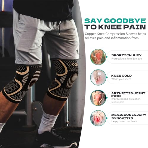 INDEEMAX Copper Knee Brace for Women Men Plus Size, 2 Pack Knee Compression Sleeve for Knee Pain, Arthritis, Running, Sports and Recovery Support, 2XL(26-28 Inch)