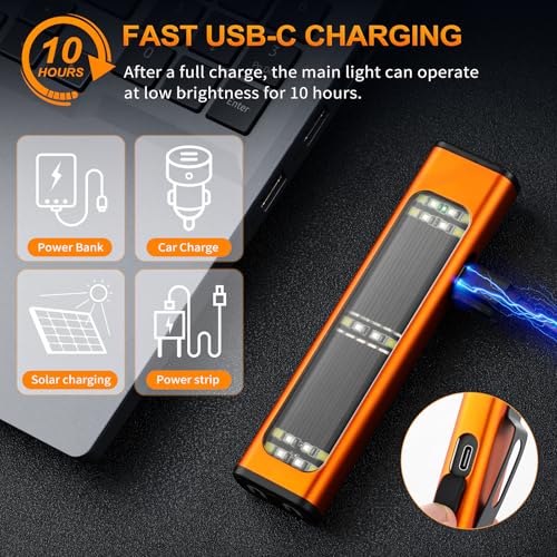 Solar/Rechargeable Flat Flashlights, 900 Lumens EDC Tactical Flashlight, Multi Function LED Small Flashlight, 7 Modes IP65 Waterproof for Home, Camping,and Emergency Use (Orange)