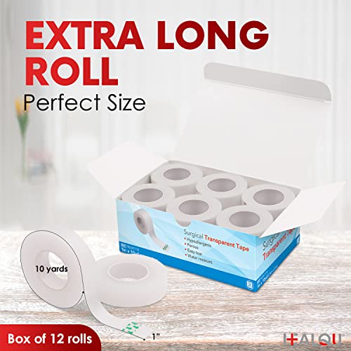 Healqu Transparent Medical Tape - 12 Rolls of 1" x 10yd Surgical Tape for Sensitive Skin