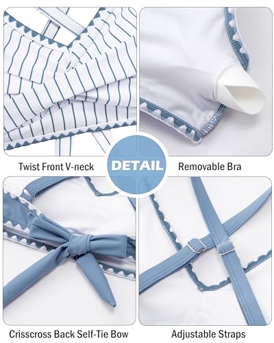 Girls Swimsuit Two-Piece Bikini Set with Crisscross Tie Back - Blue Striped, Size 13-14 Years