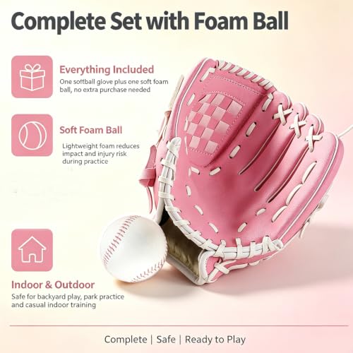 Kids Youth Adult Baseball Glove 10.5'' Softball Mitt Left/Right Hand Pink
