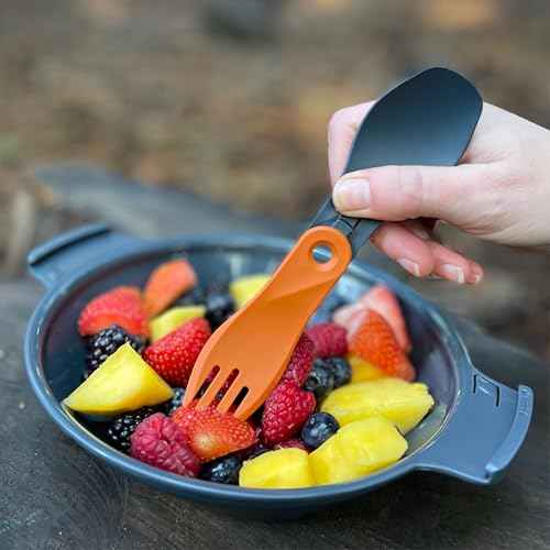 humangear GoBites Bio Spin - Compact Folding Spork for Travel, Camping & Everyday Carry - BPA-Free Bio-Based Utensil with Carabiner Hole, Dark Gray/Orange