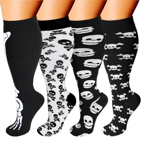 Wide Calf Compression Socks for Women & Men 20-30 mmHg Knee High 3/4 Pairs Skull Variation