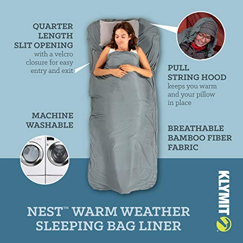Klymit Nest Sleeping Bag Liner, Warm Weather Sleeping Bag Insert, Gray, XL
