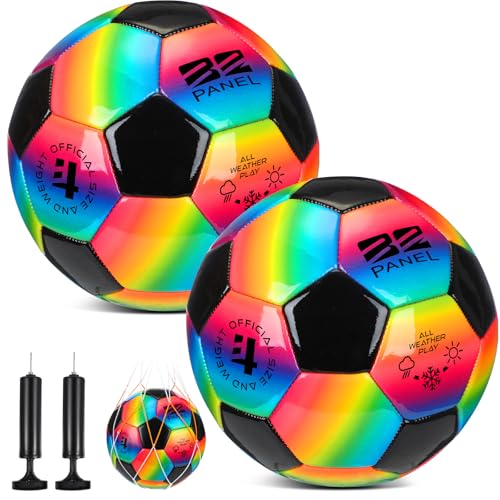 Rainbow Size 3 Soccer Balls - 2 Pack with Pump & Mesh Bags, Outdoor Play